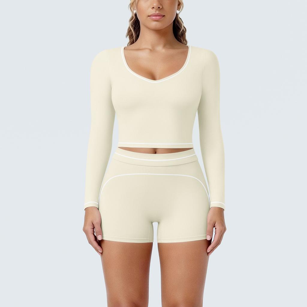 New Contrasting Colors, High Elastic, Low Neck, Long-sleeved Shorts, Yoga Suit Set, Sports Running, Fitness Yoga Two-piece Set