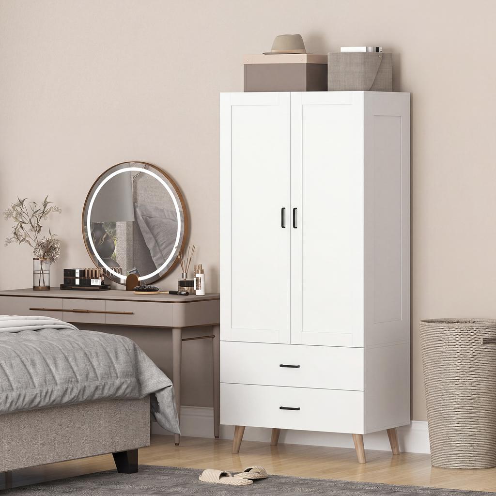 Bedroom Wardrobe, 2 Soft-Close Doors, 2 Drawers, Hanging Rail, 80 x 54 x 180 cm, White