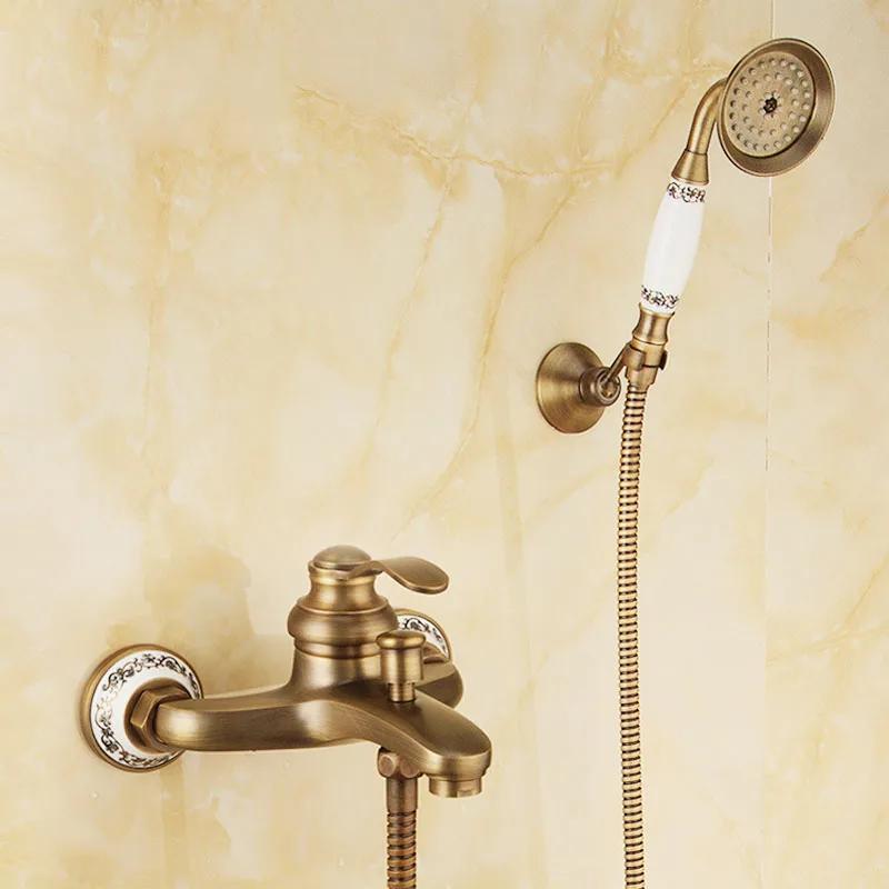 Европейский стиль Антикварный Ретро Резной Ванная Душ Смеситель Латунь Роскошный Душевой Комплект с Ручным Душем Ванна Смесители Краны