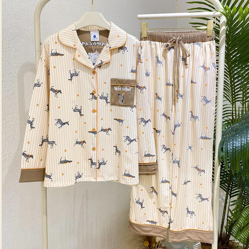 Vernis pajamas women's pure cotton spring and autumn animal print cute outer wear ice porcelain cotton loungewear long sleeve suit