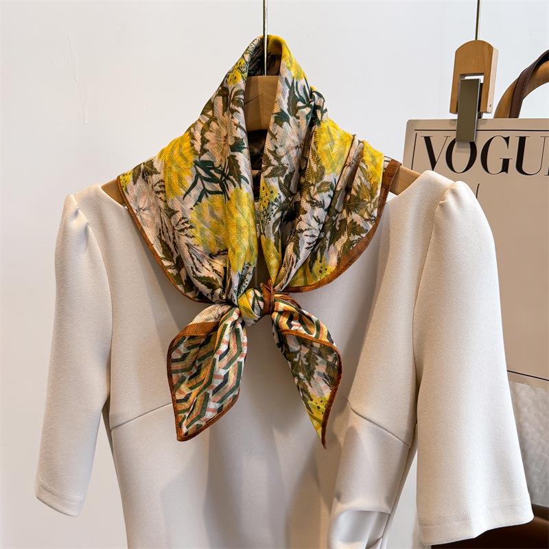 

Luxury Brand 70cm Silk scarf headband oil painting imitation silk hair square scarf female Fashion style foreign style Scarves 70x70cm