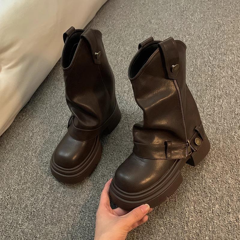 

Thick-soled medium boots women s 2024 new autumn niche trouser boots black stacking boots small slim short boots 40 коричневий