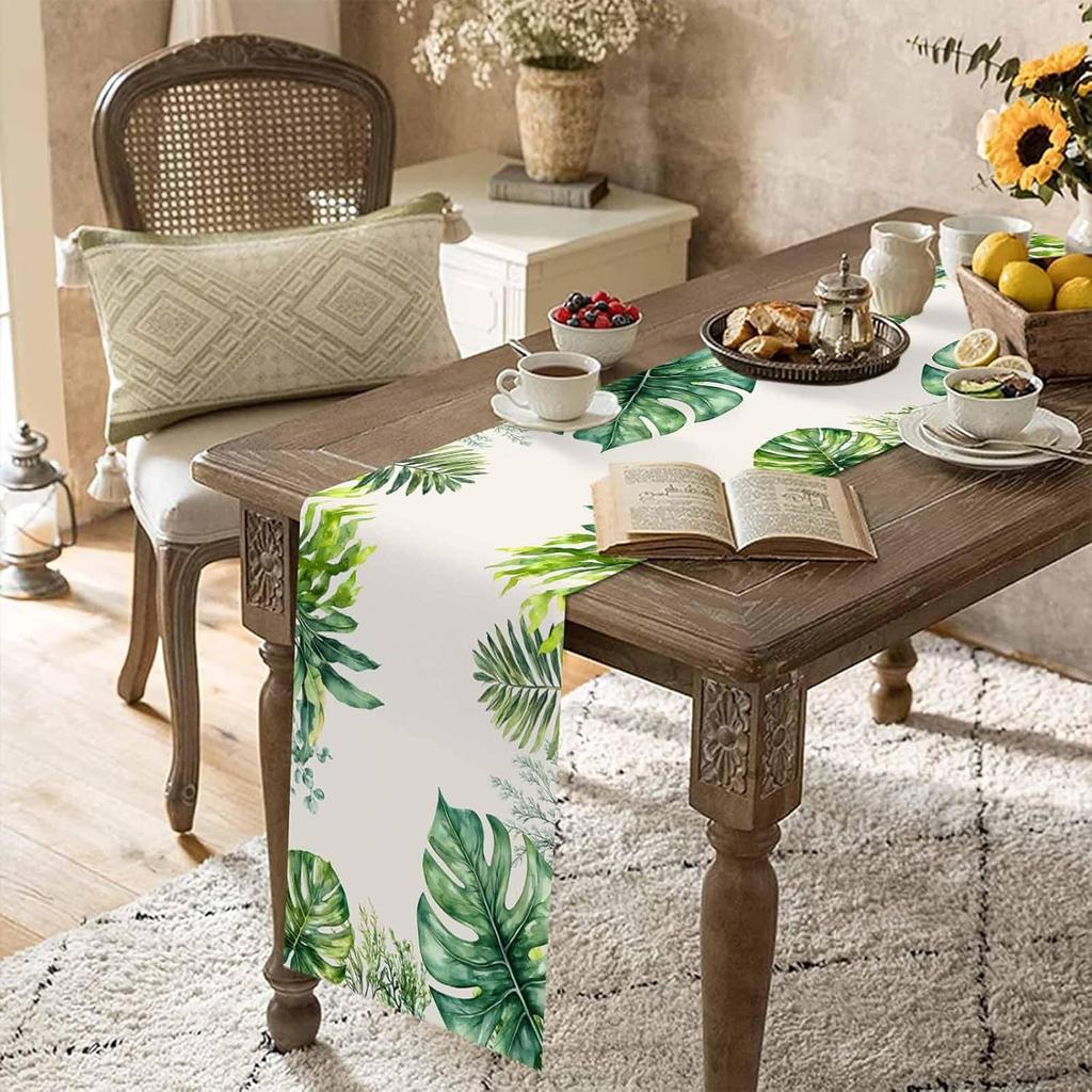 Summer Palm Leaf Linen Table Runner Holiday Party Decor Reusable Farmhouse Kitchen Dining Table Runner Wedding Decorations