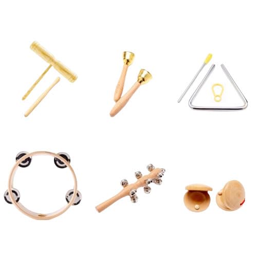 Asdays Musical Instrument Set: Percussion Instruments - Woodblock, Triangle, Tambourine - Children s Musical Set (6-piece set)