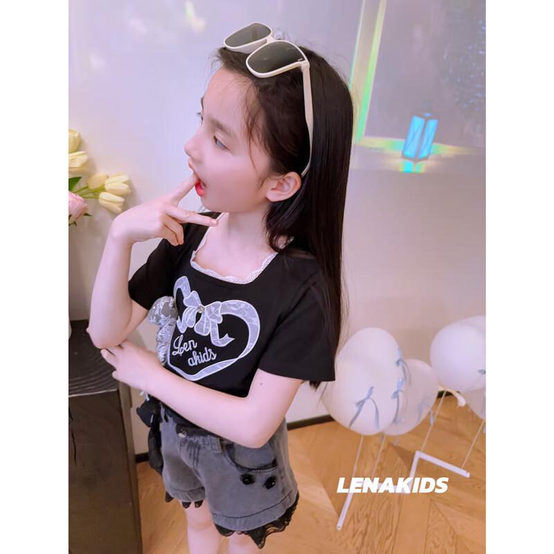 LENAKIDS Girls  Heart Lace Bear T-Shirt & Lace Shorts Set 120 (115-125cm H)
