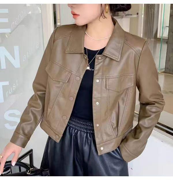 

Women s Petite High-Waisted Short Leather Jacket for Autumn/Winter 2025: New Arrival Lapel Motorcycle Outerwear XXXXL