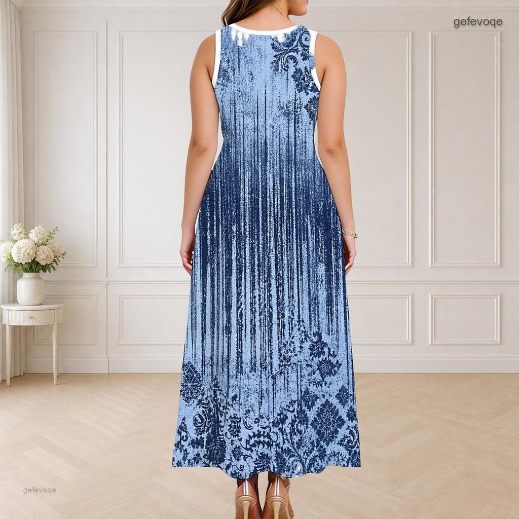 Women Plus Size Round Neck Triple Keyhole Cutout Sleeveless Abstract Printed Long Dress