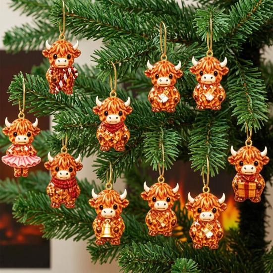 Creative Advent Calendar Gift Highland Cow Calendar, 24 Pcs Acrylic Hanging Ornaments for Christmas Holiday Countdown Box Tree Decoration, Festive