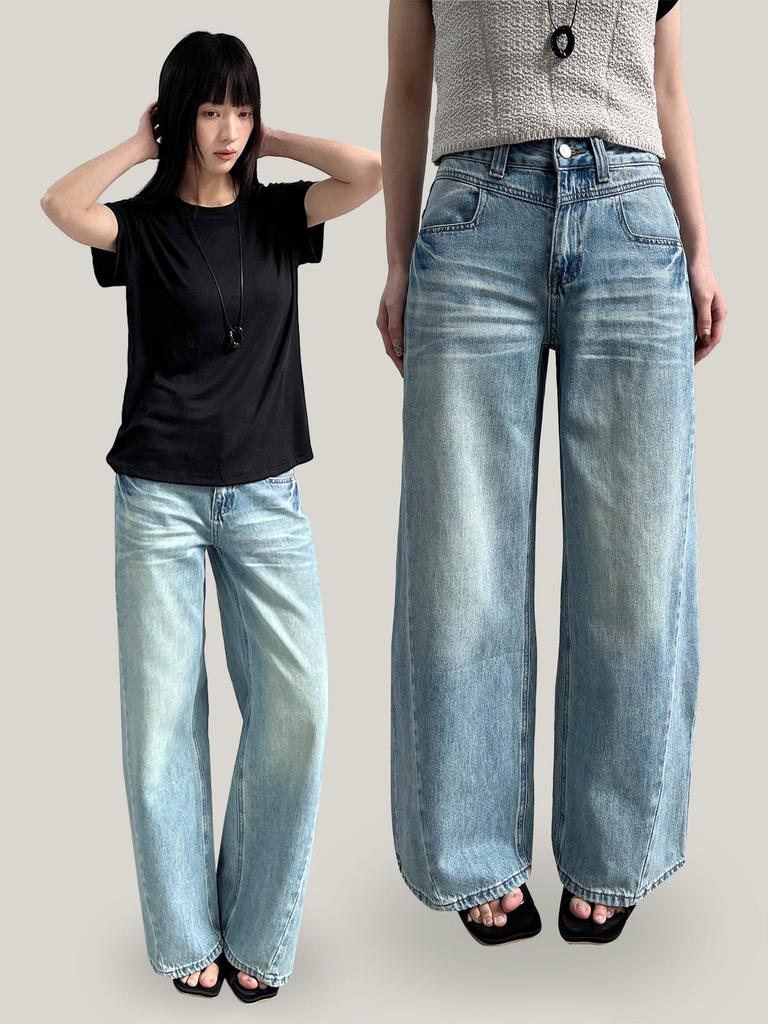 Yuyi Women's Retro High Waist Loose Wide Leg Jeans, Floor-Length, Slimming Washed, Spring 2026 Style, Model C8187