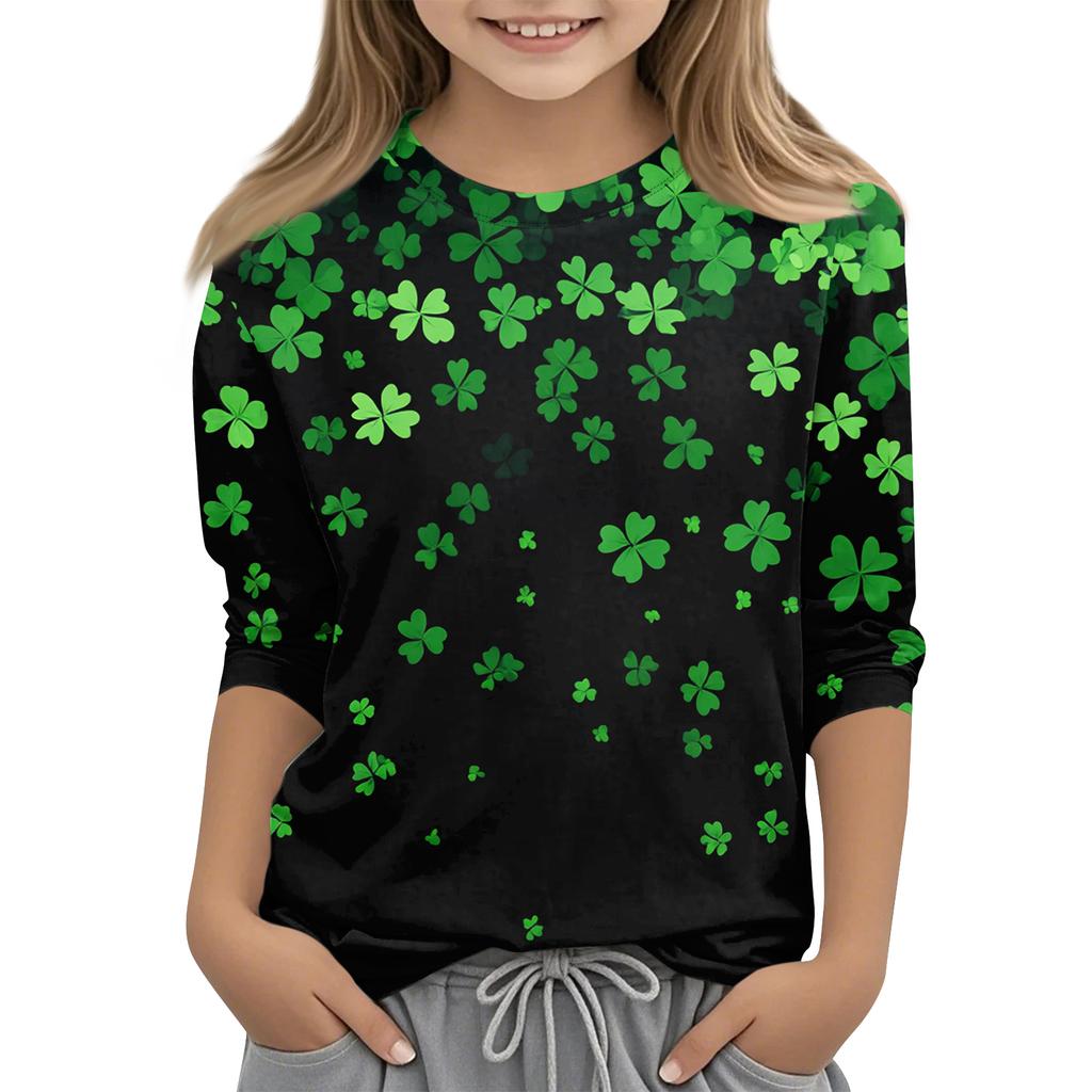 St. Patrick's Day Print Tops For Youth Girls 4-11 Years Round Neck 3/4 Sleeves T-Shirts Trendy Tops Outfit Tees