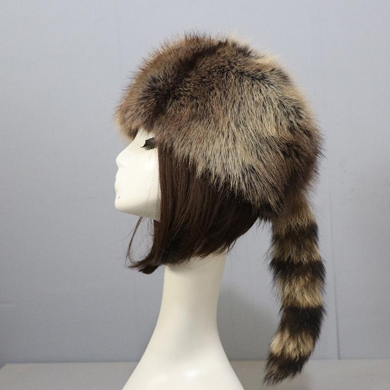 Faux Fur Hat with Raccoon Tail – Warm and Fluffy European & American Style Autumn/Winter Ear Protection for Women.