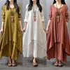 Spring and Autumn Fake Two-piece Long Skirt Literary Big Swing Linen Dress Loose Long-sleeved Cotton and Linen Skirt