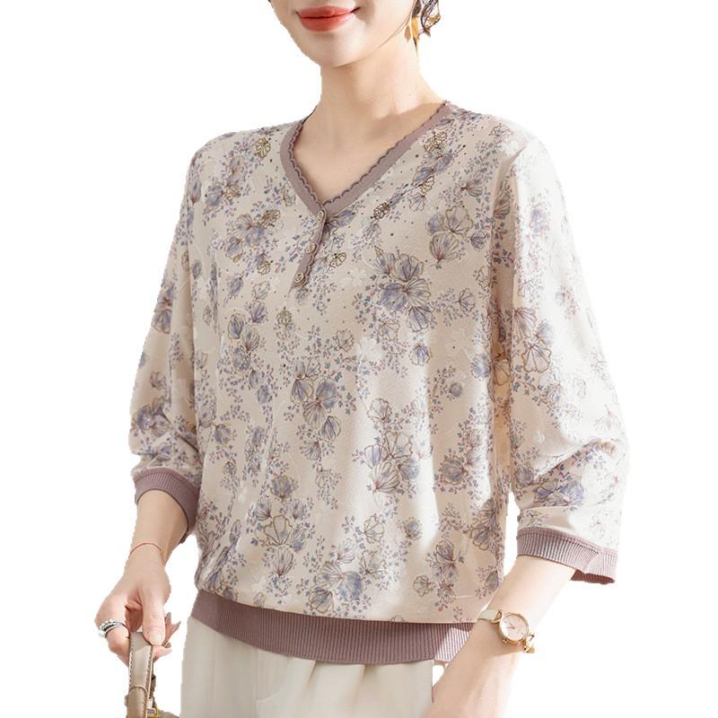 Elegant Seven-Sleeved Spring Knitted Top, Ice Silk Sweat-Absorbing T-Shirt for Middle-Aged and Elderly Women