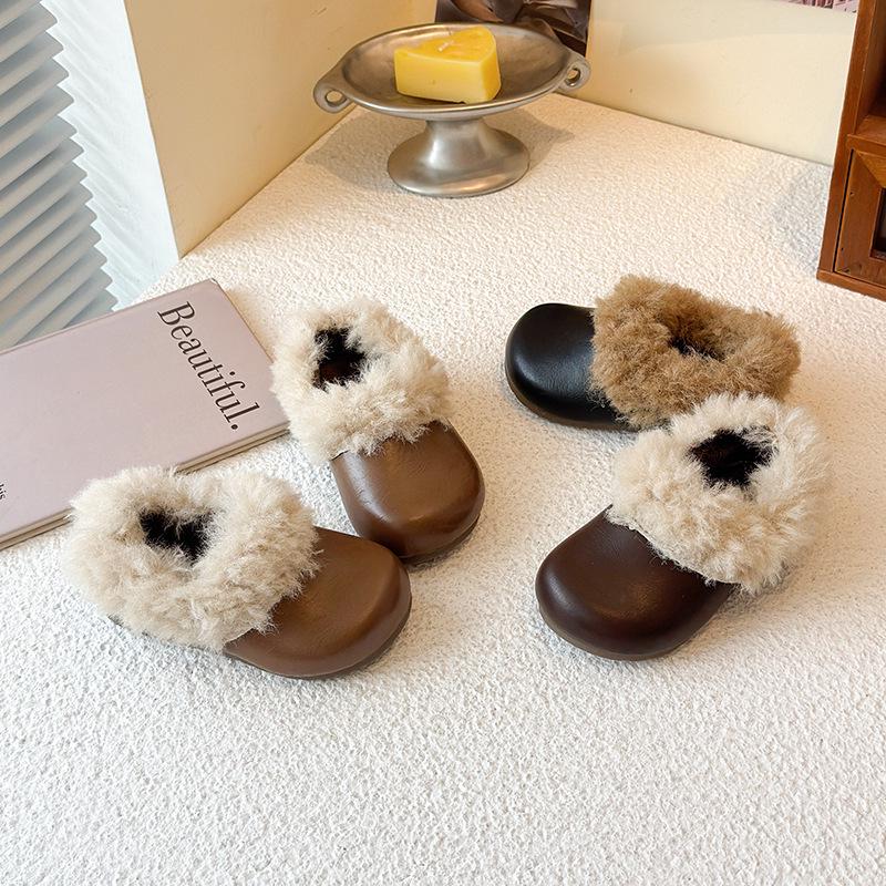 Pantoufles d'hiver en cuir et fourrure pour femmes 2025, Semelles épaisses style Birkenstock, Chaussures chaudes en coton doublées de velours