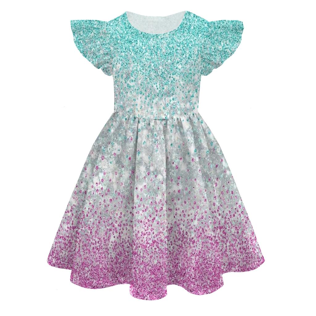 Europäisches und Amerikanisches Feifei-Ärmel Prinzessinnenkleid Farbe Peripherie 3D Digitaldruck Kinder-Milchseidekleid