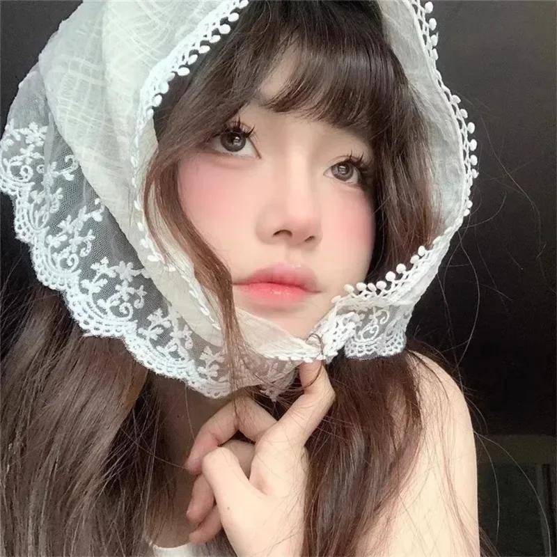 Fashion Harajuku Flower Lace Headscarf Women Pastoral Style Spring Summer Sweet Girls Triangle Scarf Hair Band Hair Accessories