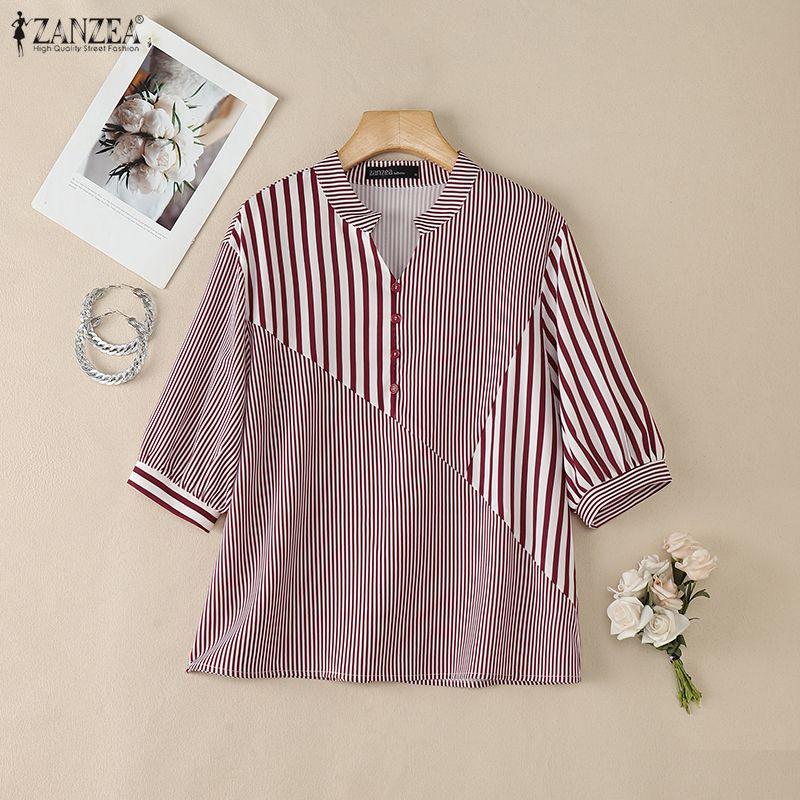 ZANZEA Women Casual V-Neck Half Sleeve Loose Stripe Blouse