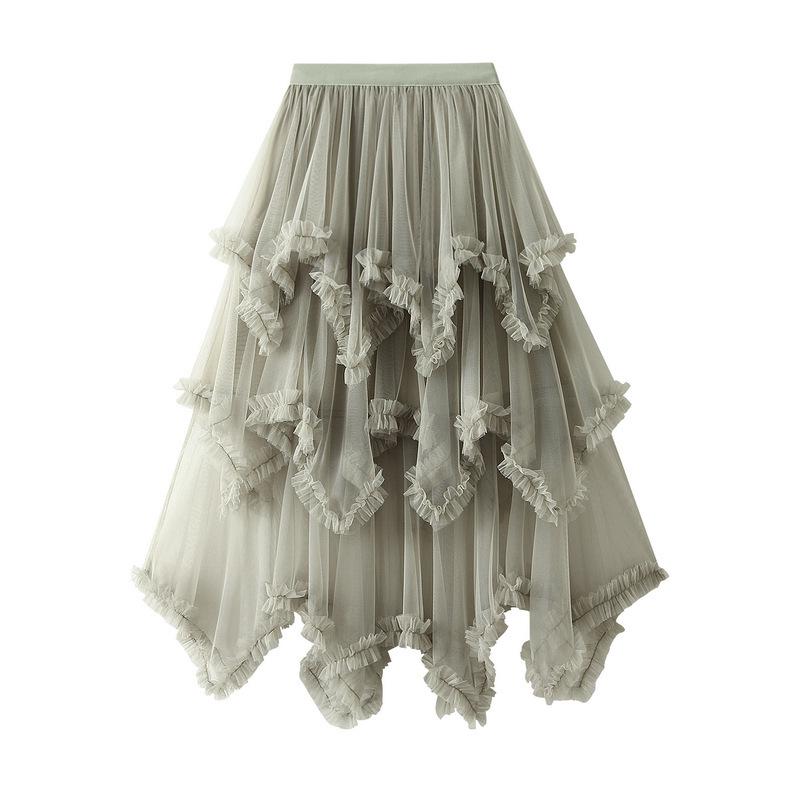Women's Japanese Style Ruffle Mesh Midi Skirt - Fluffy Fairy Gauze with Wide Hem
