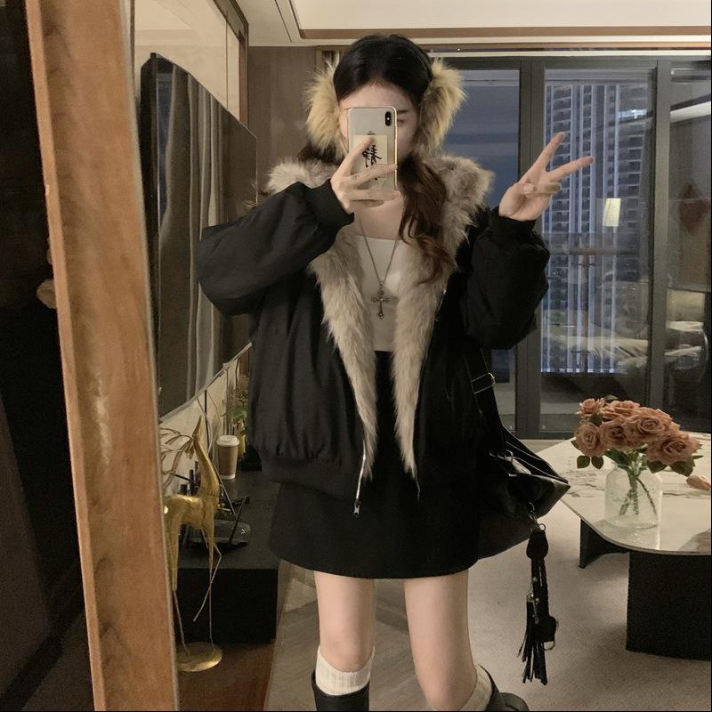 Autumn Winter Women Y2k Fur Collar Hood Thick Parkas Women's Elegant Liner Fur Loose Coat  Casual Outerwear Cotton Padded Jackets