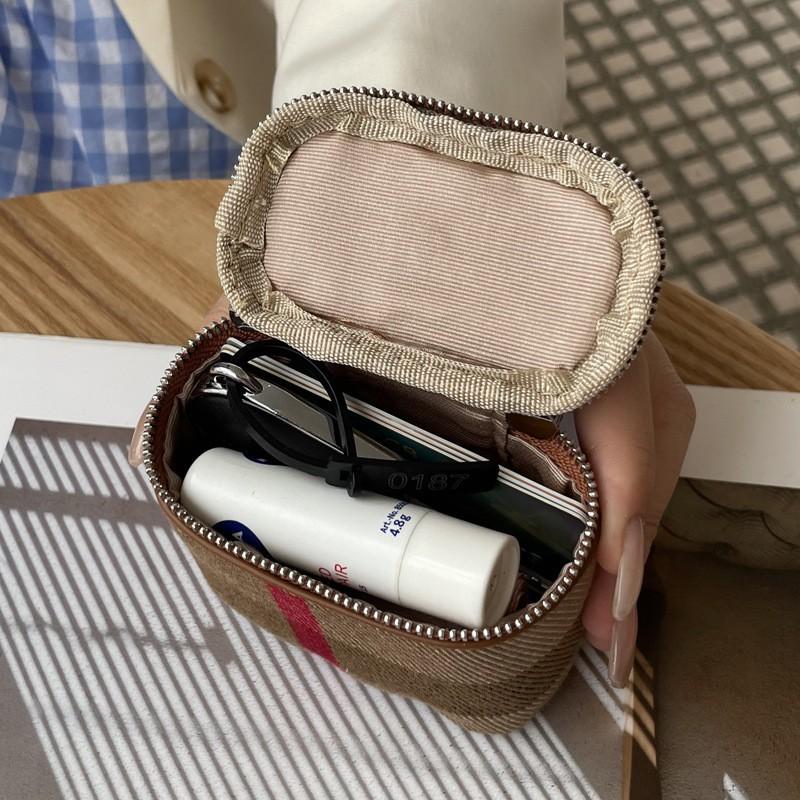 Canvas Cowhide Small Change Purse Ins Style Simple Portable Neck Hanging Lipstick Makeup Bag Leather Earphone