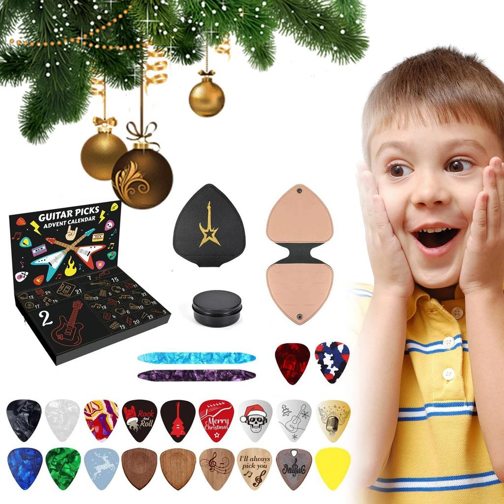 Guitar Picks Countdown Calendar with 20 Guitar Picks & 2 Oud Picks Holder Xmas Advent Calendars for Guitar Bass Ukulele Players