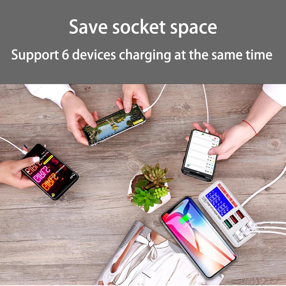 QC 3.0 USB Charger Station with LCD Display 6 USB Ports Desktop Smart Fast Charging HUB Stands for IPhone Por MAX Tablet PC