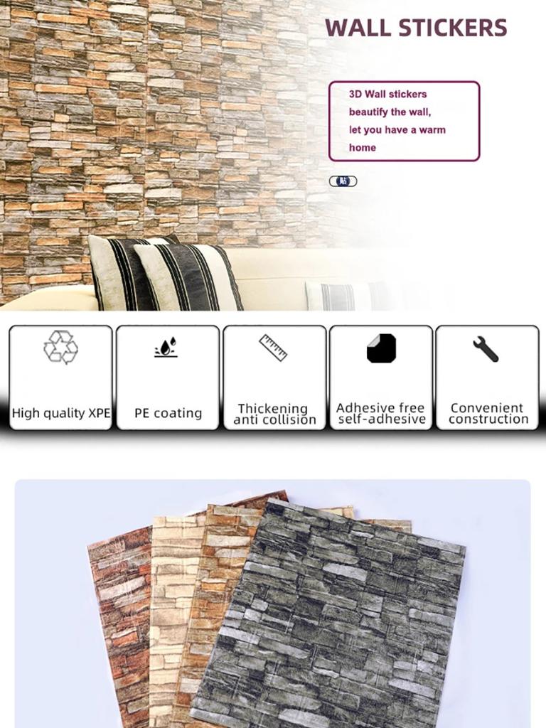 3D Wall Sticker 10/20Pcs 70*77cm Self Adhesive Brick Wall Stickers for Kids Room, Bedroom, Web Celebrity Room Decoration Backgrounds