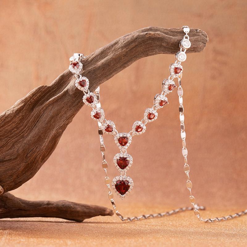Natural Garnet Heart-Shaped Love Necklace Women'S S925 Sterling Silver Colored Treasure Jewelry Factory