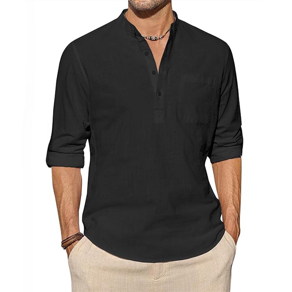 Herren Baumwoll-Leinen-Hemden Langarmhemd Lässige Strandhemden Henley T-Shirt Urlaubsoberteile mit Tasche Männer Streetwear