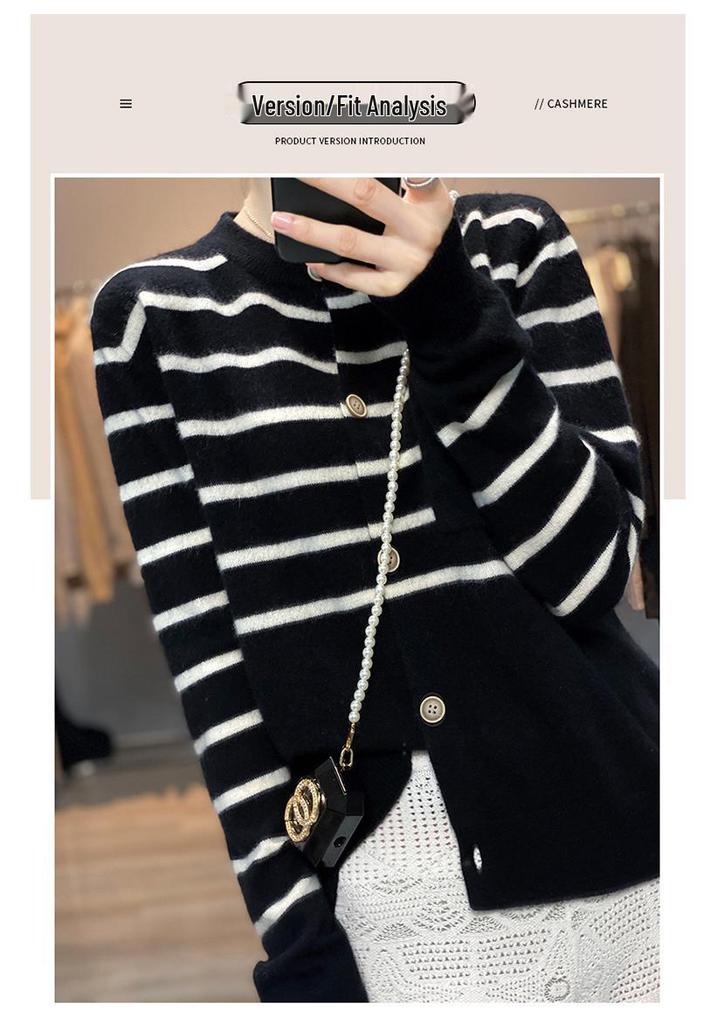 Women's Slimming Cashmere Cardigan - Color Block Stripes, Round Neck, Loose Fit