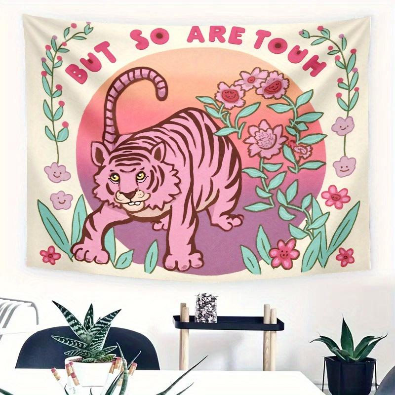 

Pink Tiger Tapestry Whimsical Floral Design Boho Animal Art Polyester 5161 in for Bedroom or Dorm 74x94cm(29x37in)