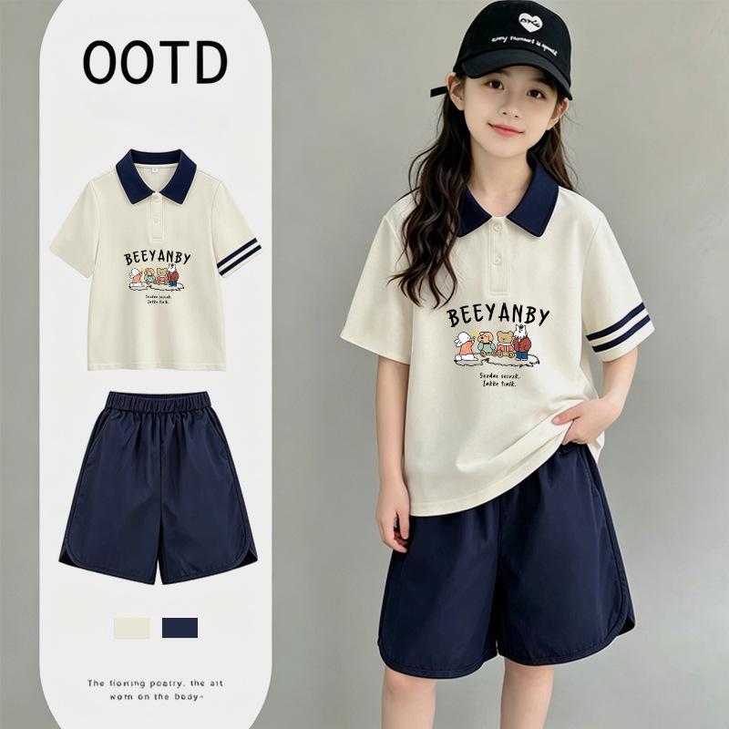 Girls' Summer Cotton Collared Short-Sleeve T-Shirt & POLO Shirt Set - Medium/Large, Color Block with Letters.
