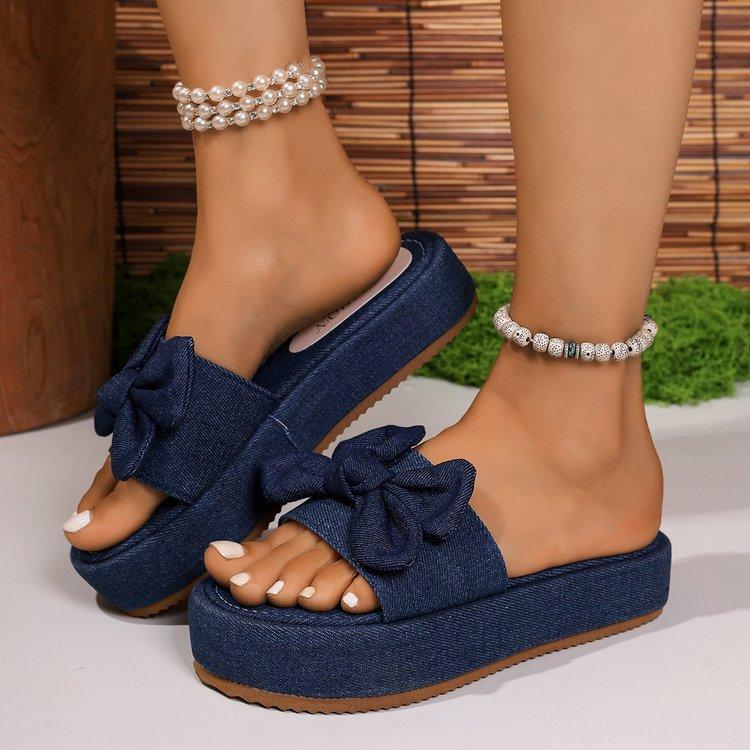2025 summer new large size thick-bottomed muffin slippers women's outer wear bow word sandals Slippers