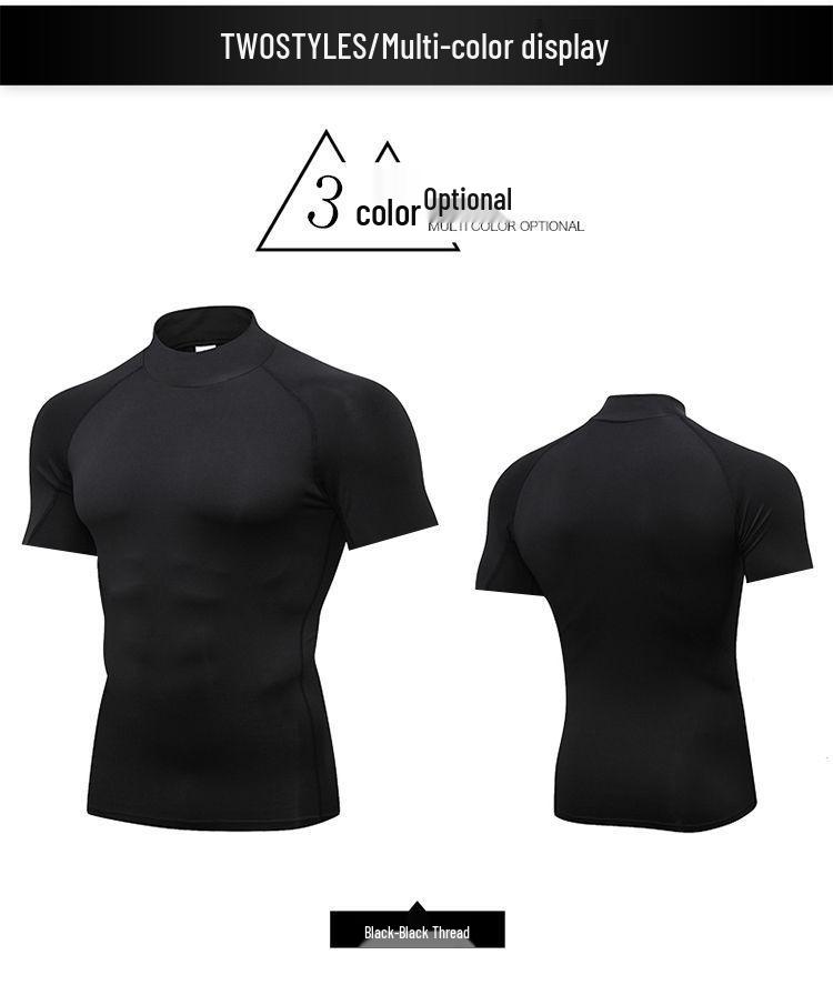 Pánské rychleschnoucí sportovní tričko s vysokým límcem - Krátký rukáv, Odvádějící pot, Přiléhavý střih, Stojáček