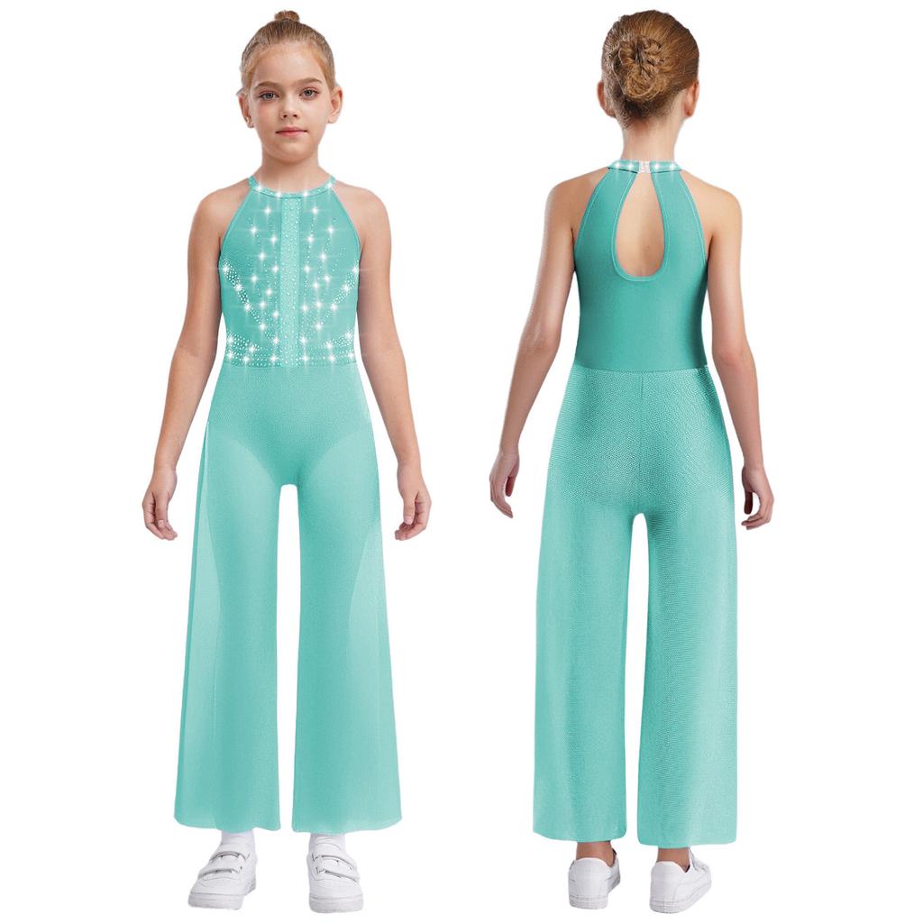 Girls Rhinestone Dance Bodysuit - Shimmery Sleeveless Jumpsuit with Keyhole Back & Side Splits, Built-in Briefs for Performances