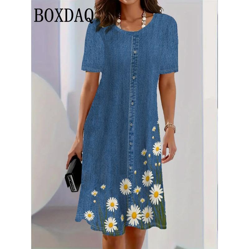 2025 Fashion Trend 3D Imitation Denim Pattern Women's Dress Summer Sreet Short Sleeve O-Neck Loose Casual Flowers Print Dresses
