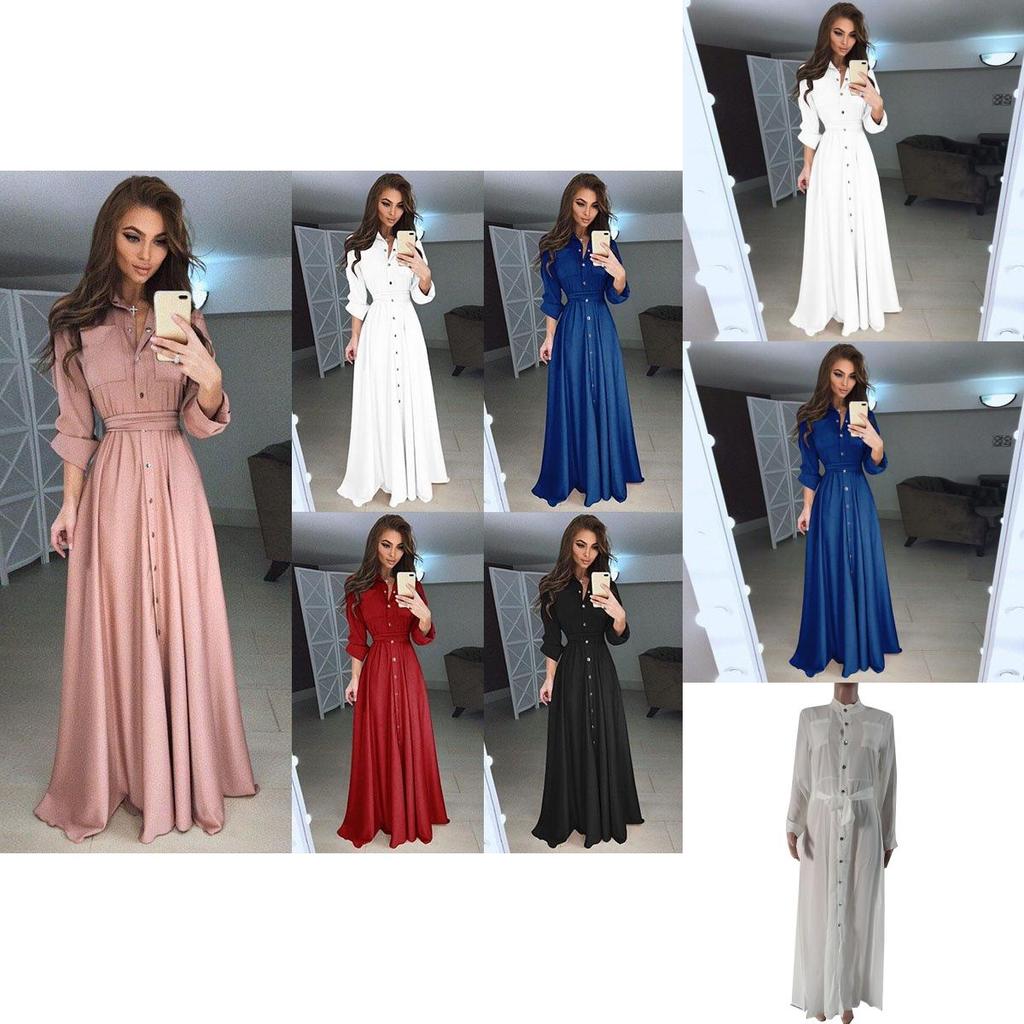 Sleeve Long Women Button Dowm Maxi Dress Evening Party Casual Shirt Dress