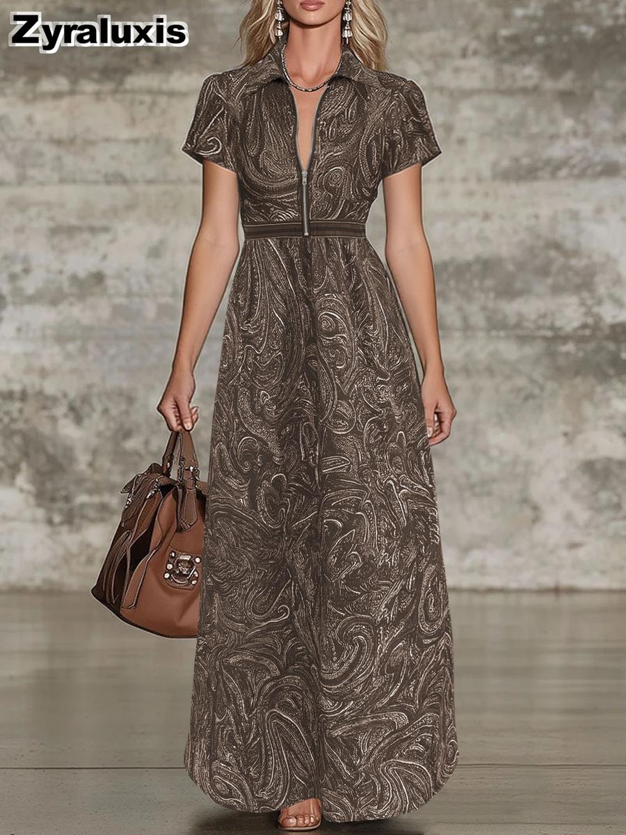 Vintage Paisley Print Mandarin Collar A-Line Maxi Dress for Women S кофейный