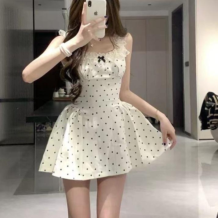 French Sexy Wind Lace Polka Dot Bow Suspender Dress Female Slim Waist Temperament A Word Short Skirt Summer