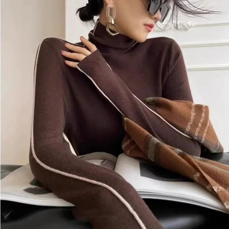 Fashion Turtleneck Pullovers Women Autumn and Winter Slim Fit Long Sleeved Top Elegant Office Lady Sweaters Black White