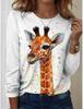 Damskie Koszulki Graficzne Zwierzę Żyrafa T-shirty Modne Stylowe Koszulki z Długim Rękawem Okrągły Dekolt Regularne Top Letnie Codzienne Pulower