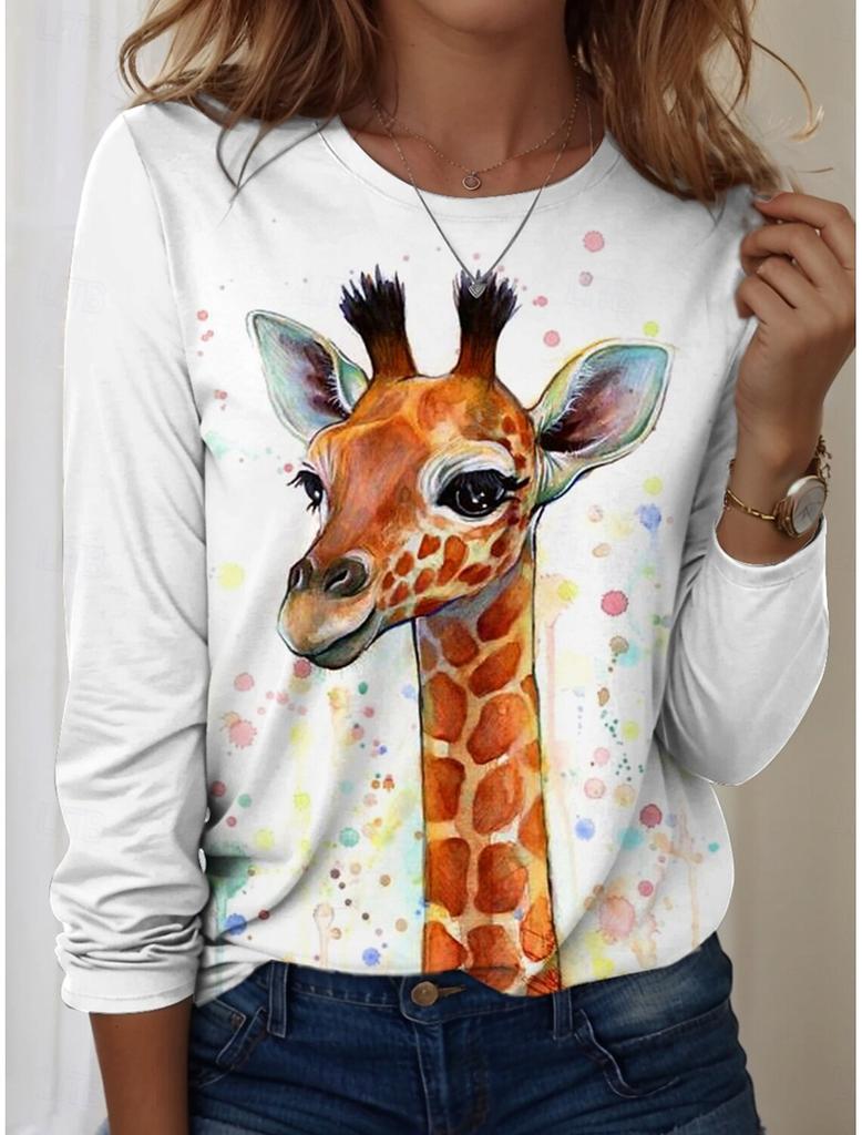 Damskie Koszulki Graficzne Zwierzę Żyrafa T-shirty Modne Stylowe Koszulki z Długim Rękawem Okrągły Dekolt Regularne Top Letnie Codzienne Pulower