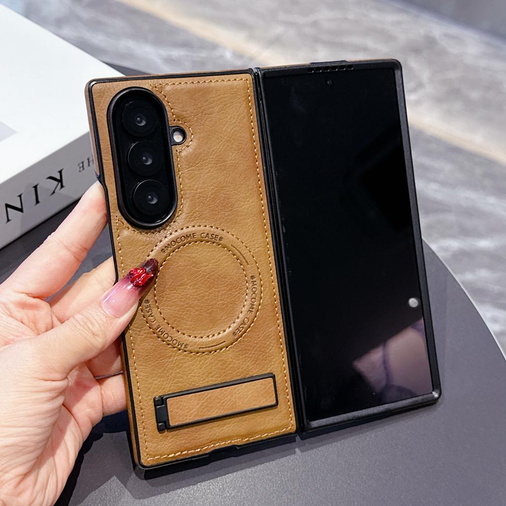 KEYSION Luxus PU Leder Magnetische Hülle für MagSafe für Samsung Galaxy Z Fold 7 5G Ständer Kabelloses Laden Handy Rückseite