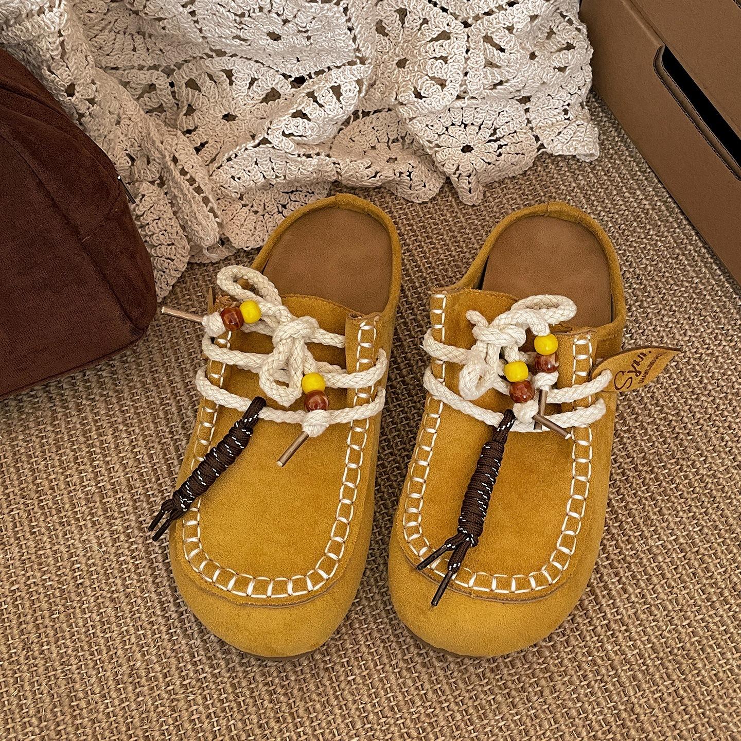 

Retro French thick-soled bag head slippers women s summer outer wear 2025 new models with skirts versatile non-slip Birkenstock half slippers 40 жёлтый