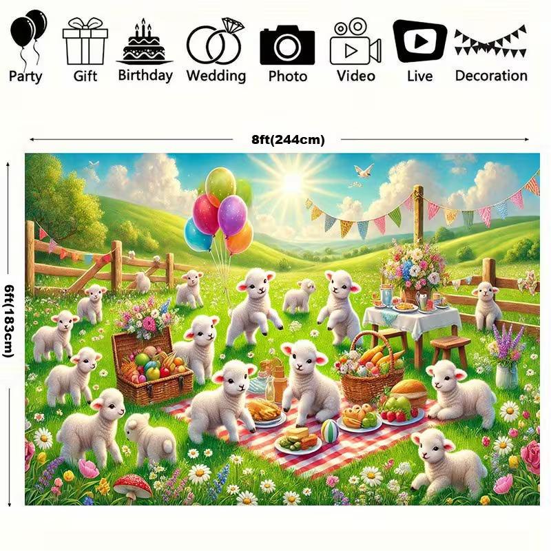 Cute Sheep Picnic Tapestry, Meadow Lamb Cartoon Background Cloth, Kids Room Wall Decor