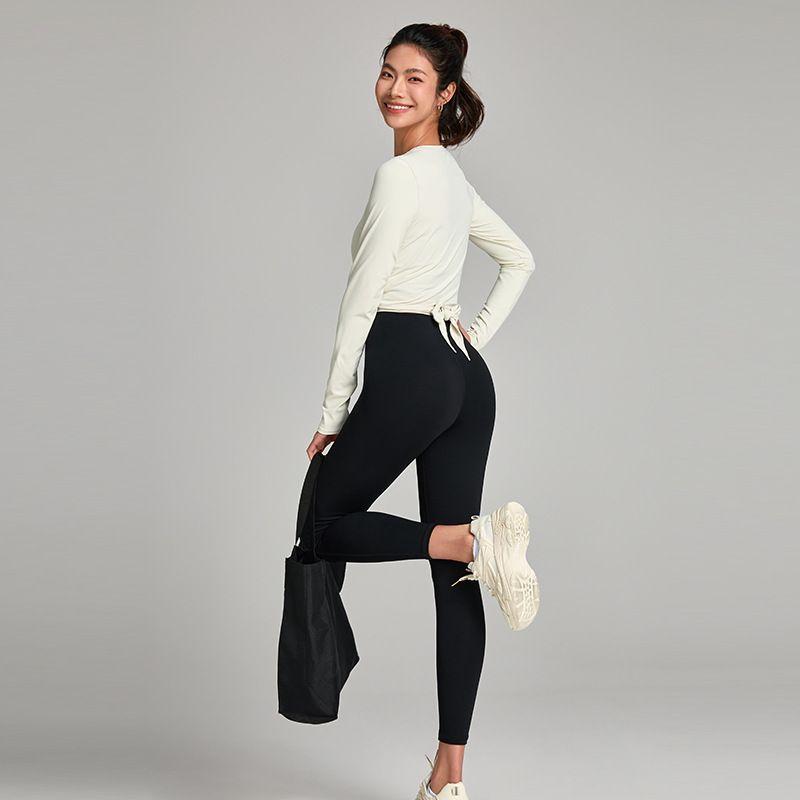 Nude Feel Casual Lace-up Waist-Controlled Skinny Exercise Top Round Neck T-Shirt Professional Running Fitness Clothes Long Sleeve Yoga Wear