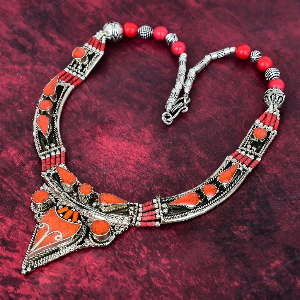 Coral Nepali Necklace Handmade Jewelry, 925 Solid Sterling Silver Necklace Designer Gemstone Jewelry Adjustable Chain Necklace