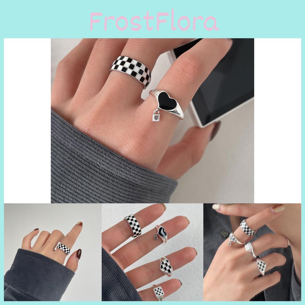 Elegant Korean Style Black And White Checkerboard Adjustable Ring For Women Fashion Accessory