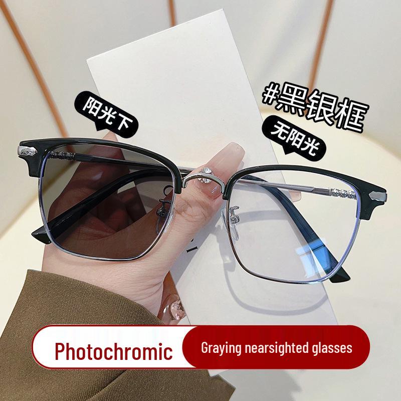 821 Stylish Photochromic Myopia Glasses: Half-Rim, Anti-Blue Light, Color-Changing to Gray for Tech-Savvy Men