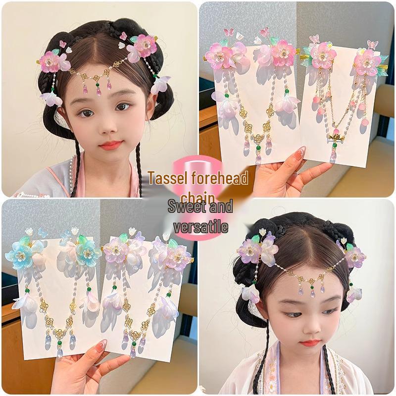 Acessórios de Cabelo Hanfu de Estilo Antigo: Adorno de Cabeça Infantil com Corrente de Testa, Franja e Design de Fada Princesa